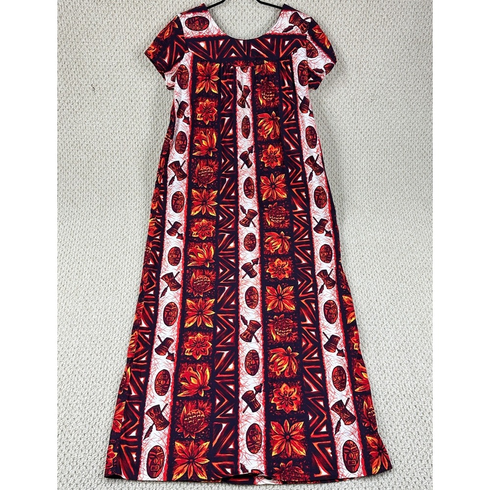 Vtg Ui-Maikai Maxi Dress Womens M Red Orange Tiki Mask Tribal Floral Hawaii 50s